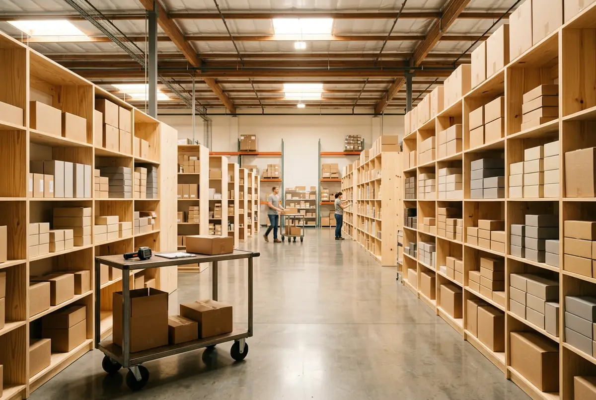 Helles Fulfillment-Lager mit organisierten Regalen – Schnittstellen zu Warenwirtschaft und Versand