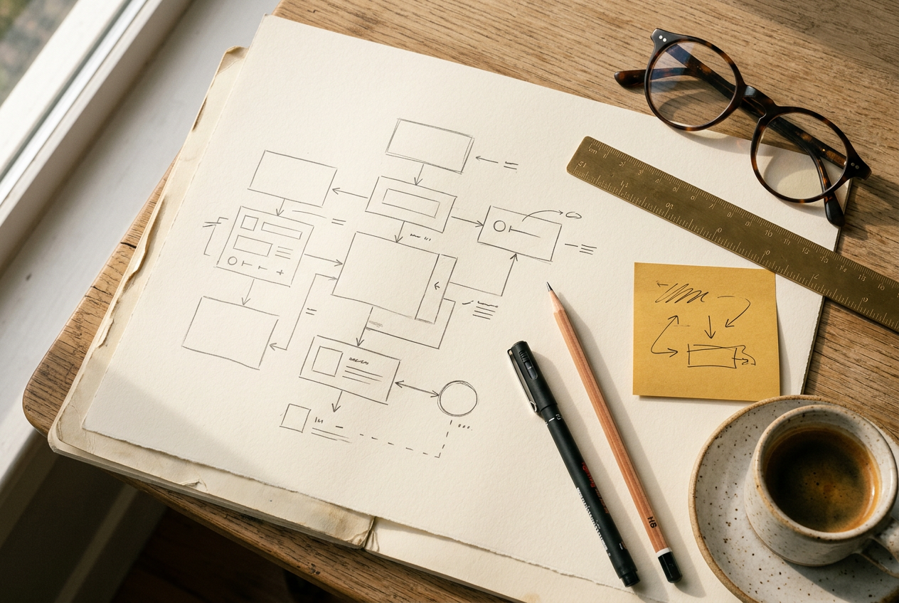 Blueprint und Skizzen einer individuellen Webanwendung mit Smartphone-Mockup