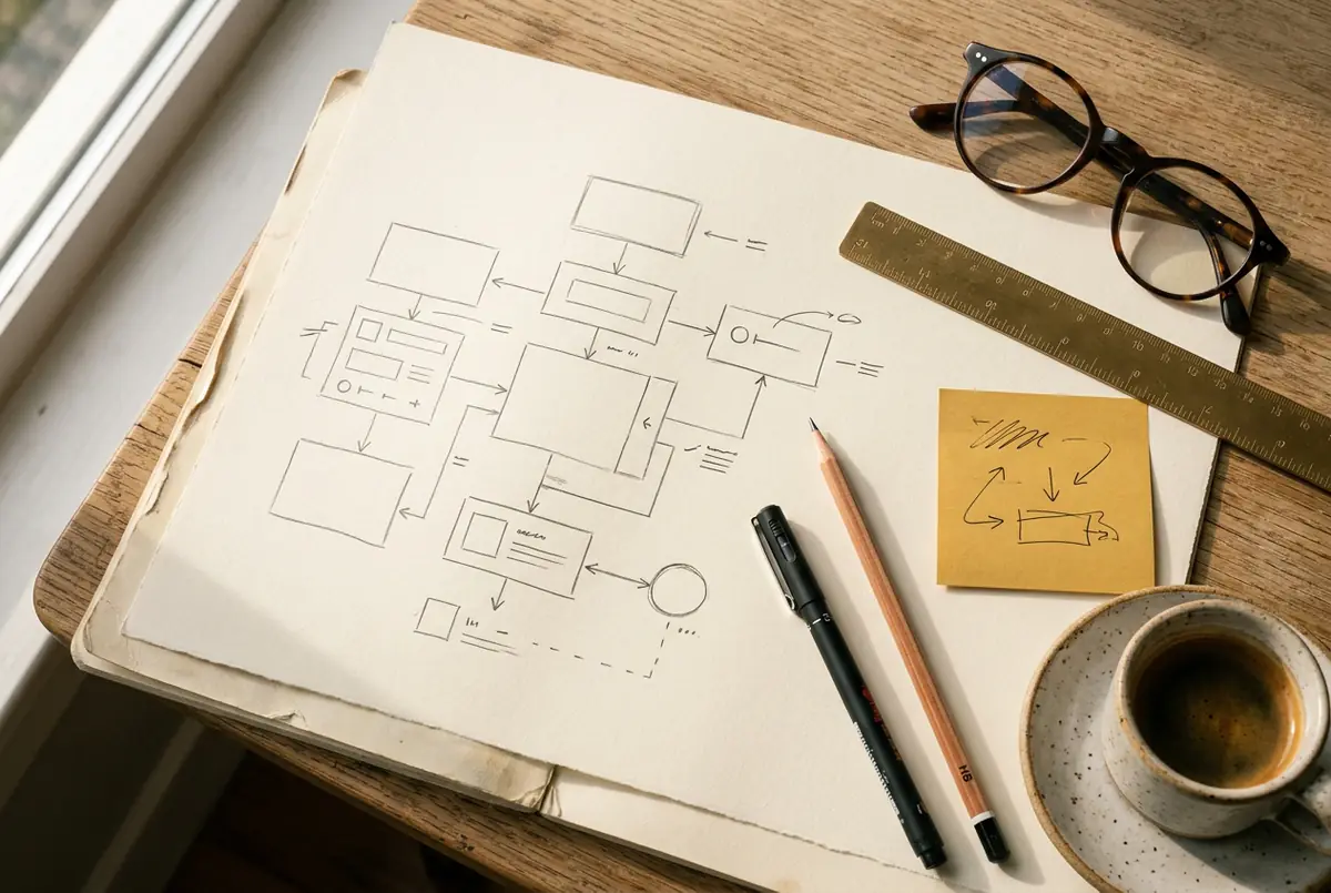 Blueprint und Skizzen einer individuellen Webanwendung mit Smartphone-Mockup